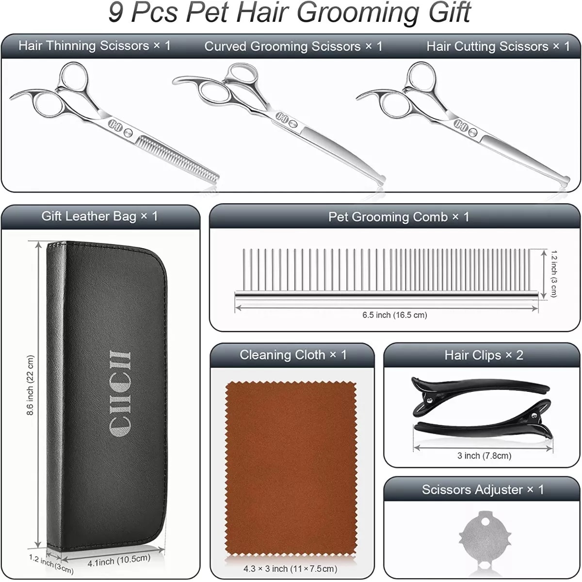Kit De Tijeras Para Peluquería Canina 9 Piezas Gris