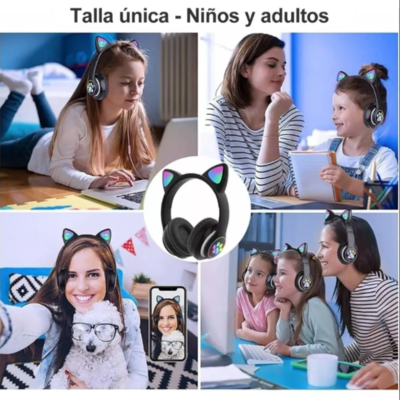 Audífonos Bluetooth De Orejas De Gato Para Niños.