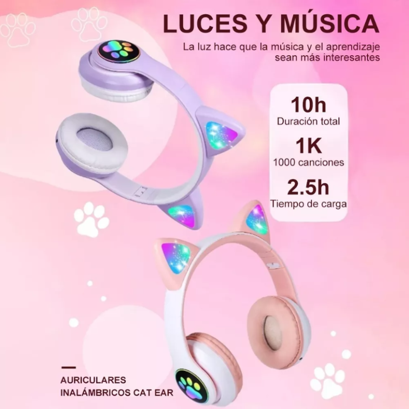 Audífonos Bluetooth De Orejas De Gato Para Niños.