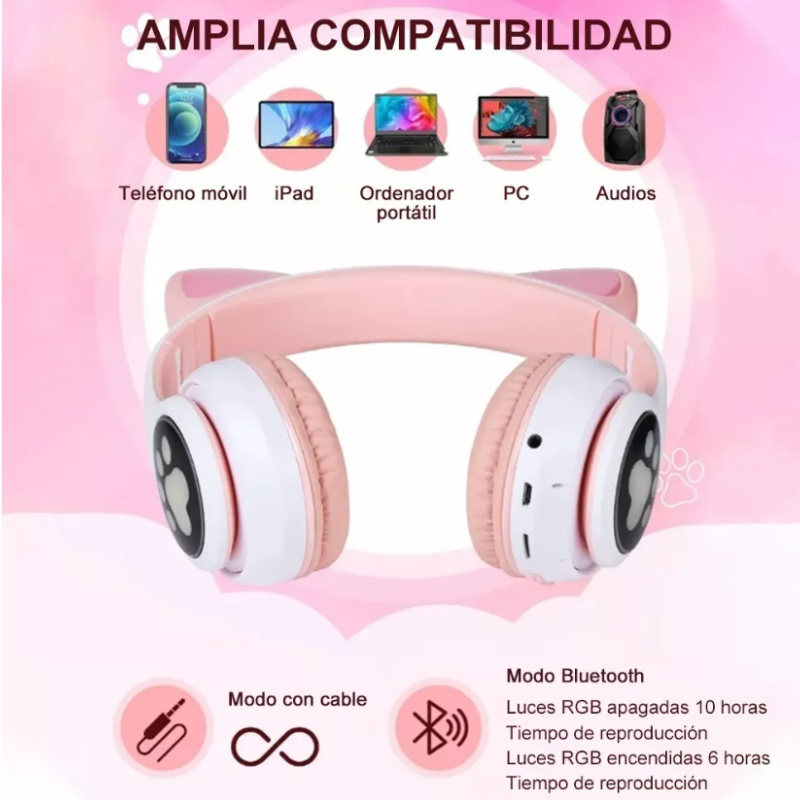 Audífonos Bluetooth De Orejas De Gato Para Niños.