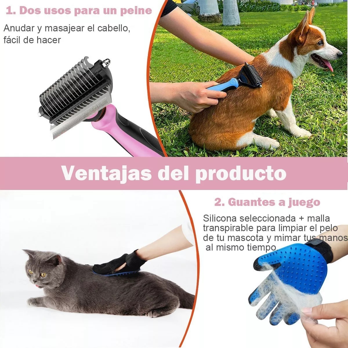 Cepillo Deslanador Perro Gato Peine Mascotas Rosa