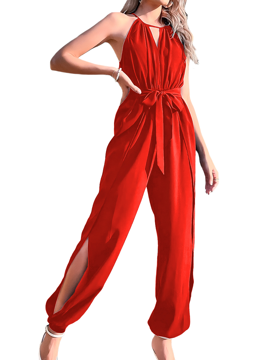 Jumper palazzo enterizo mono jumpsuit casual elegante dama mujer xally 13D escote redondo V cinturón aberturas