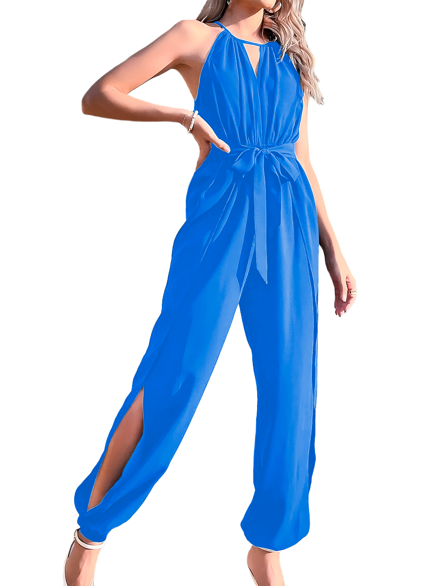 Jumper palazzo enterizo mono jumpsuit casual elegante dama mujer xally 13D escote redondo V cinturón aberturas