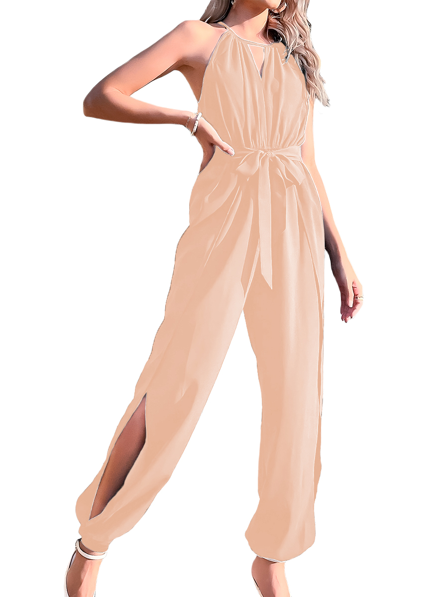 Jumper palazzo enterizo mono jumpsuit casual elegante dama mujer xally 13D escote redondo V cinturón aberturas