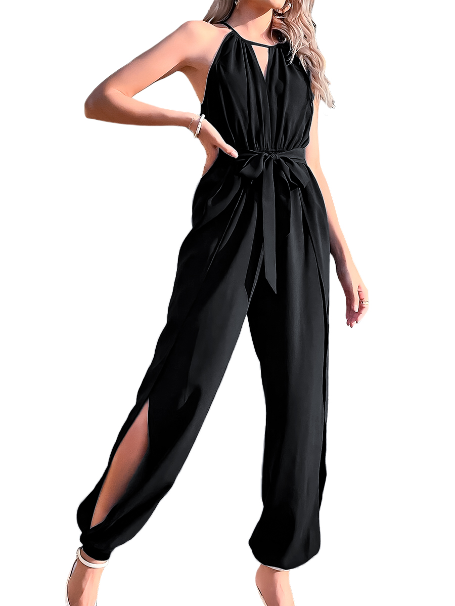 Jumper palazzo enterizo mono jumpsuit casual elegante dama mujer xally 13D escote redondo V cinturón aberturas
