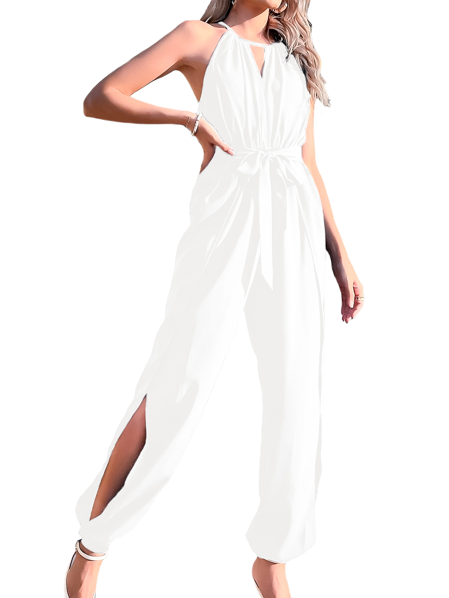 Jumper palazzo enterizo mono jumpsuit casual elegante dama mujer xally 13D escote redondo V cinturón aberturas