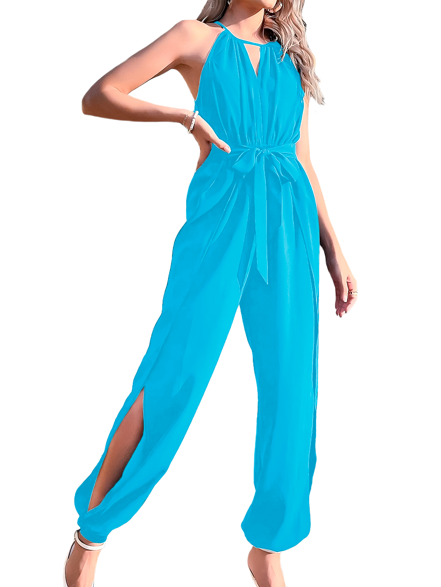 Jumper palazzo enterizo mono jumpsuit casual elegante dama mujer xally 13D escote redondo V cinturón aberturas