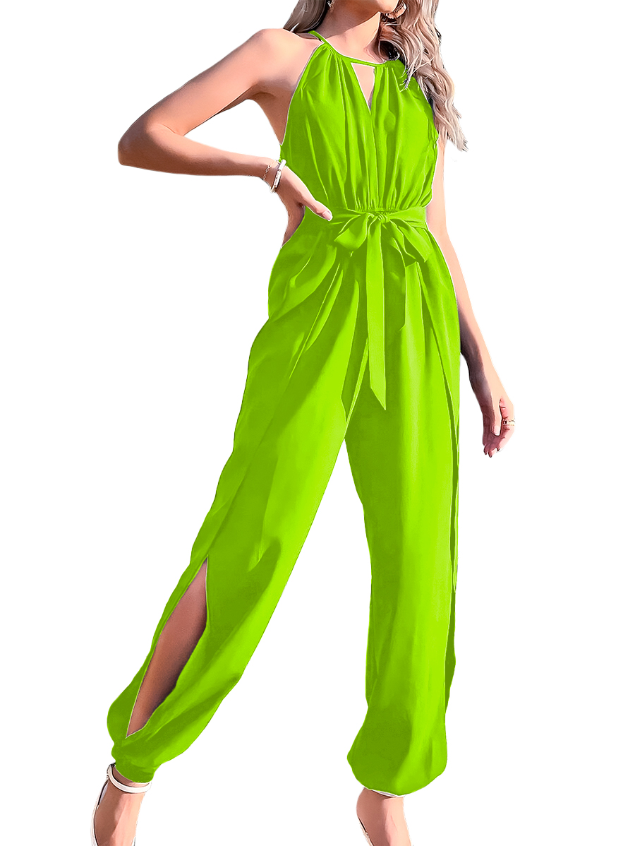 Jumper palazzo enterizo mono jumpsuit casual elegante dama mujer xally 13D escote redondo V cinturón aberturas