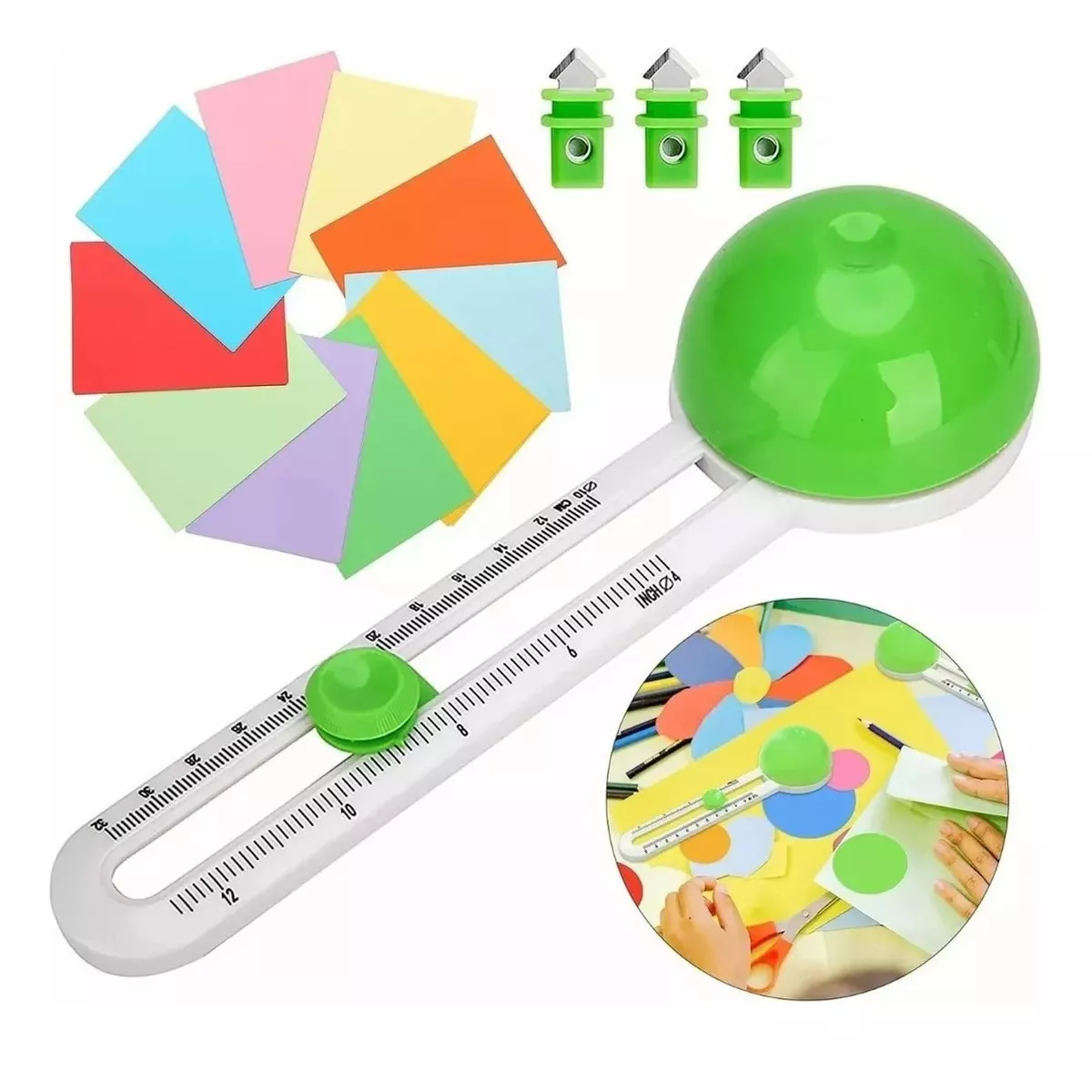  Cortador de papel para álbumes de recortes, cortador circular  para manualidades, cortador giratorio para cartulinas (incluye 3 cuchillas)  (verde) : Productos de Oficina