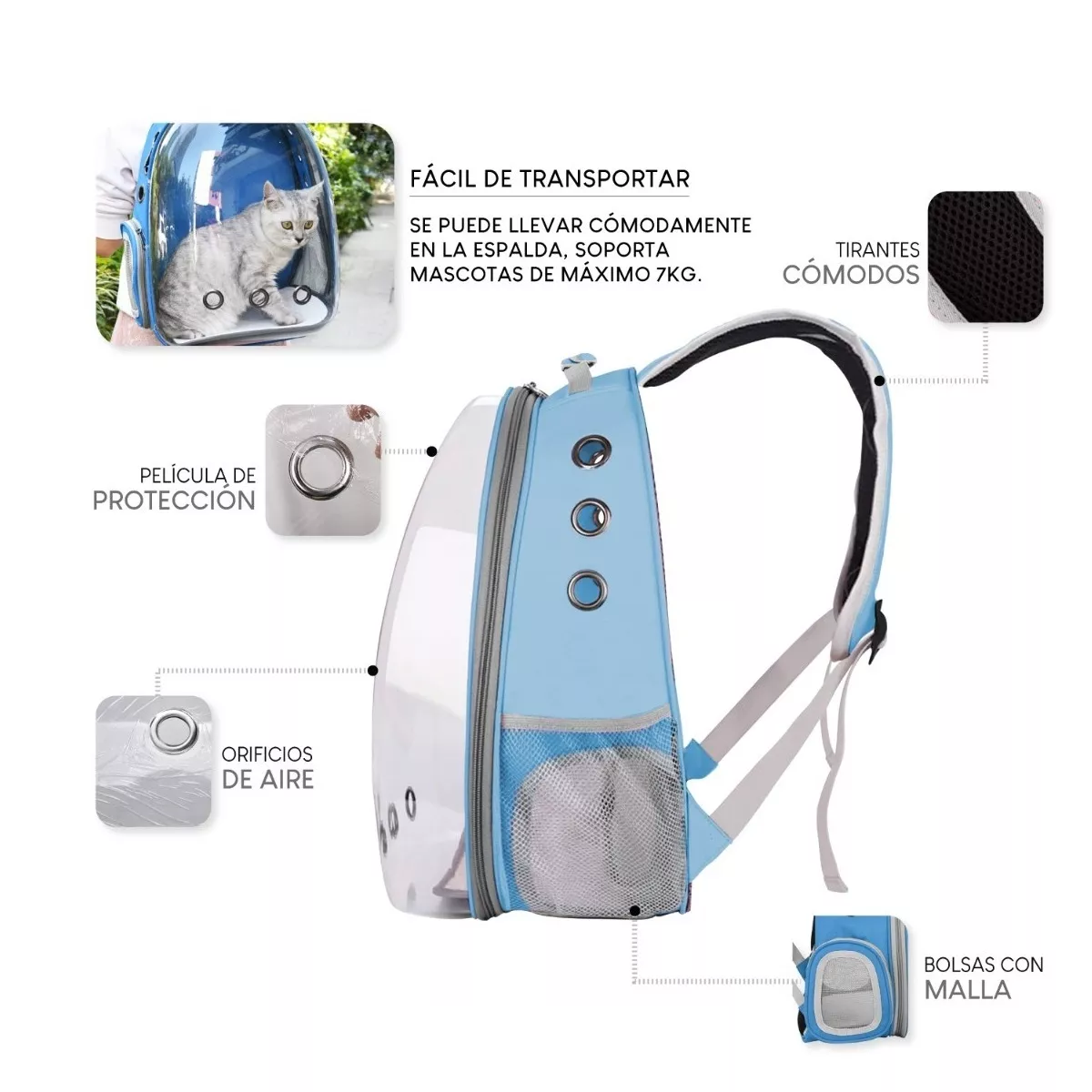 Transportadora De Mascotas Mochila Portátil Azul Claro