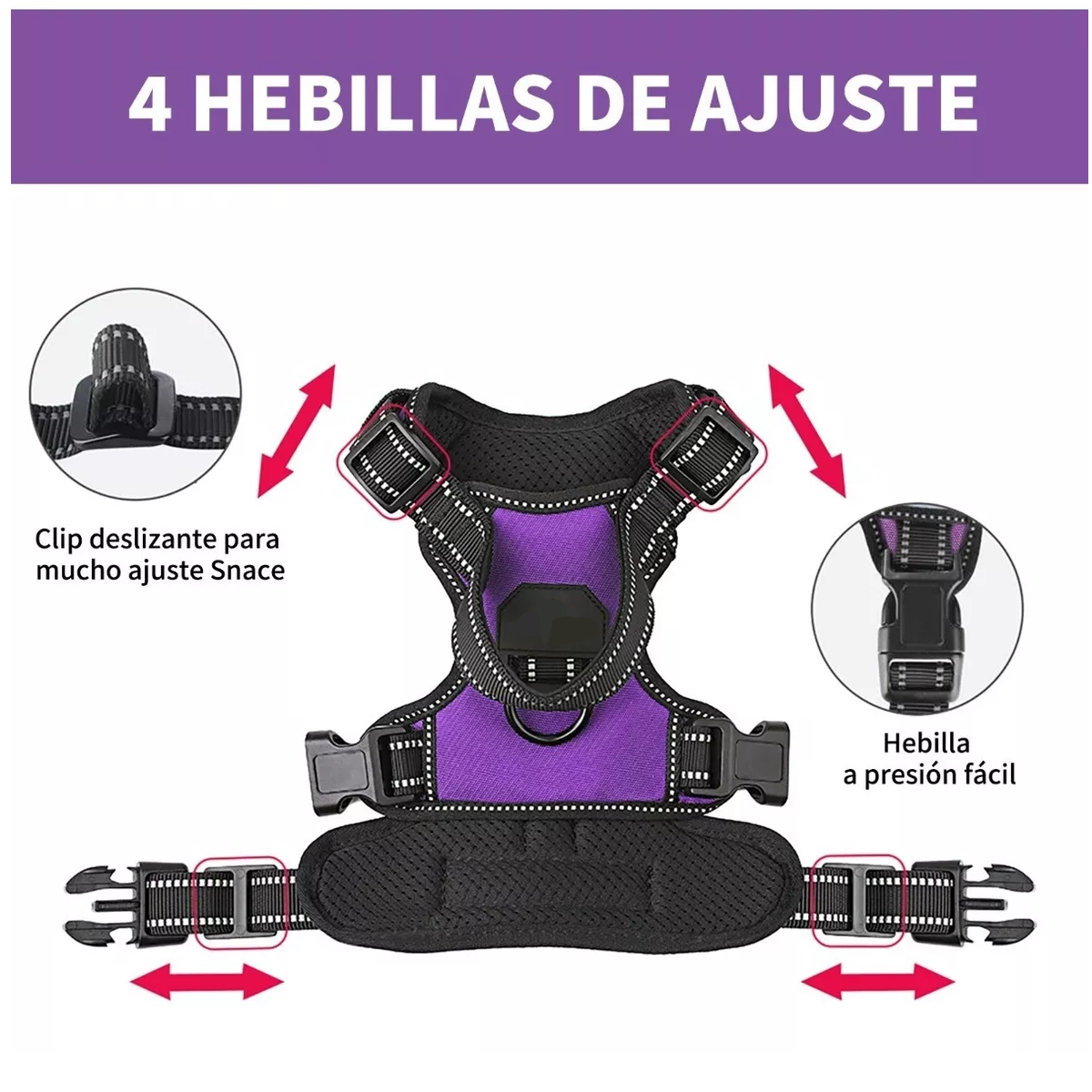 Pechera Arnés Para Perro Regulable Con Bandas Reflectivas Morado XL