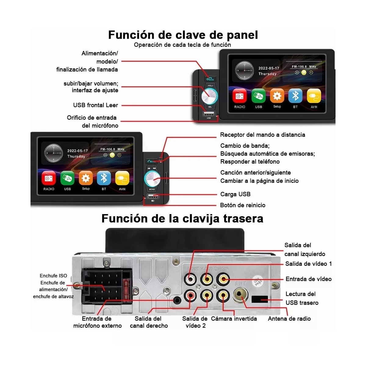 Autoestereo Mp5 Reproductor 5 Inch Bluetooth Y 8led Camara