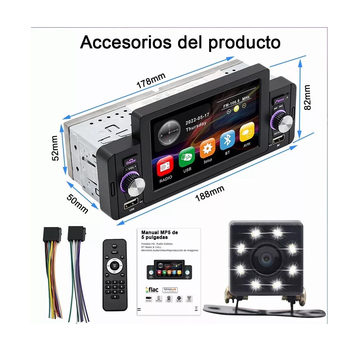 Autoestereo Mp5 Reproductor 5 Inch Bluetooth Y 8led Camara
