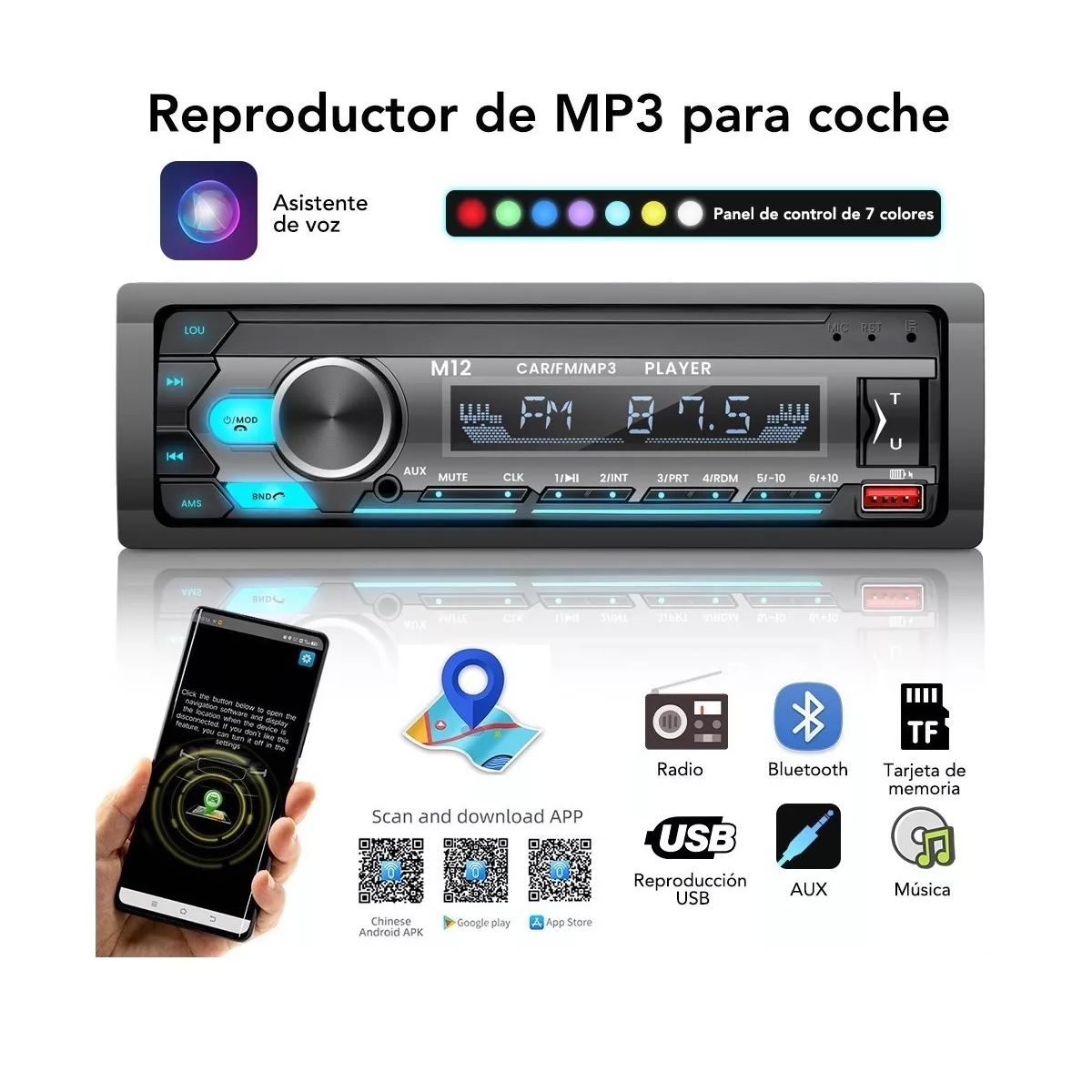 Auto Estéreo Bluetooth 1 Din Asistente Voz 2 Usb Fm Aux Rca
