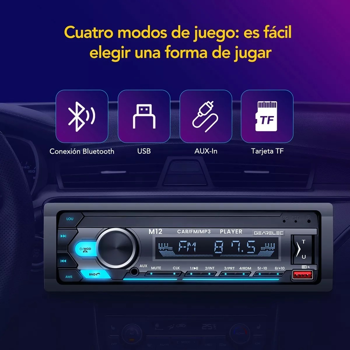 Auto Estéreo Bluetooth 1 Din Asistente Voz 2 Usb Fm Aux Rca
