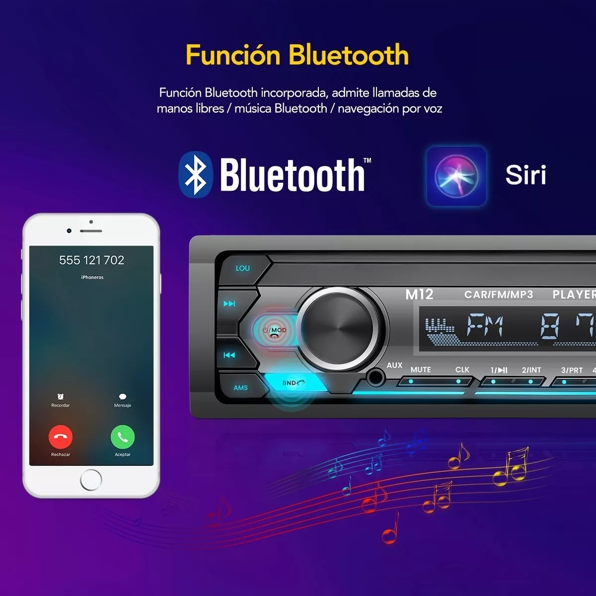 Auto Estéreo Bluetooth 1 Din Asistente Voz 2 Usb Fm Aux Rca