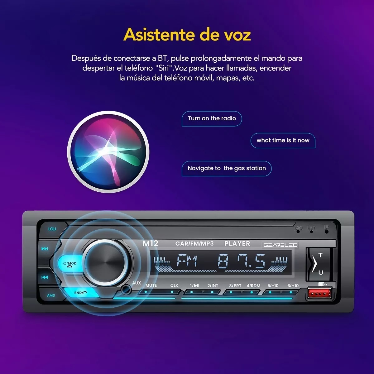 Auto Estéreo Bluetooth 1 Din Asistente Voz 2 Usb Fm Aux Rca