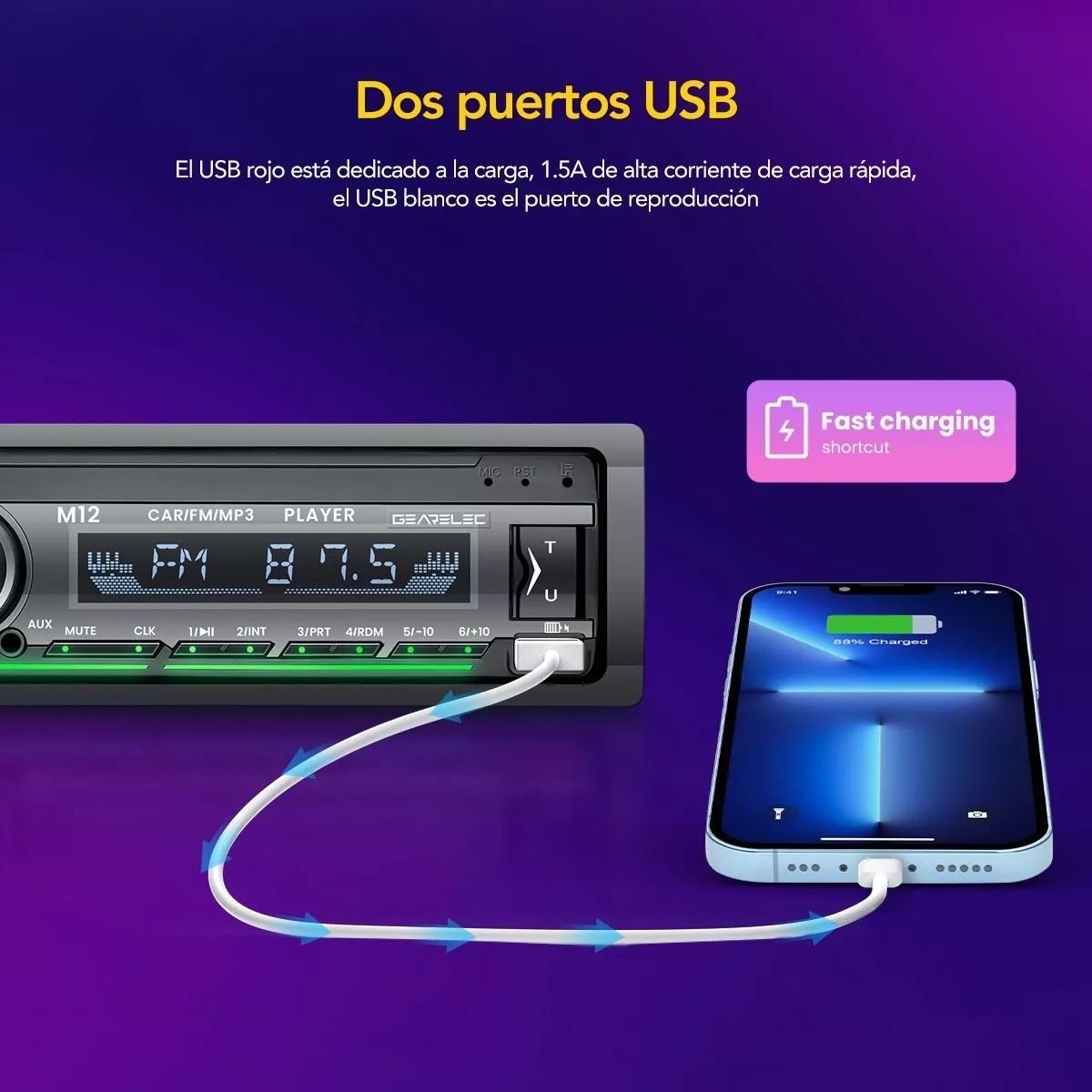 Auto Estéreo Bluetooth 1 Din Asistente Voz 2 Usb Fm Aux Rca