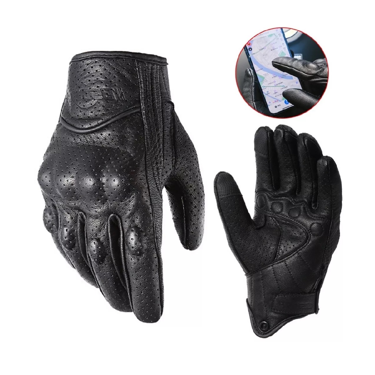 Guantes De Moto 100% Piel De Cabra Para Pantallas Táctiles Negro L Perforado