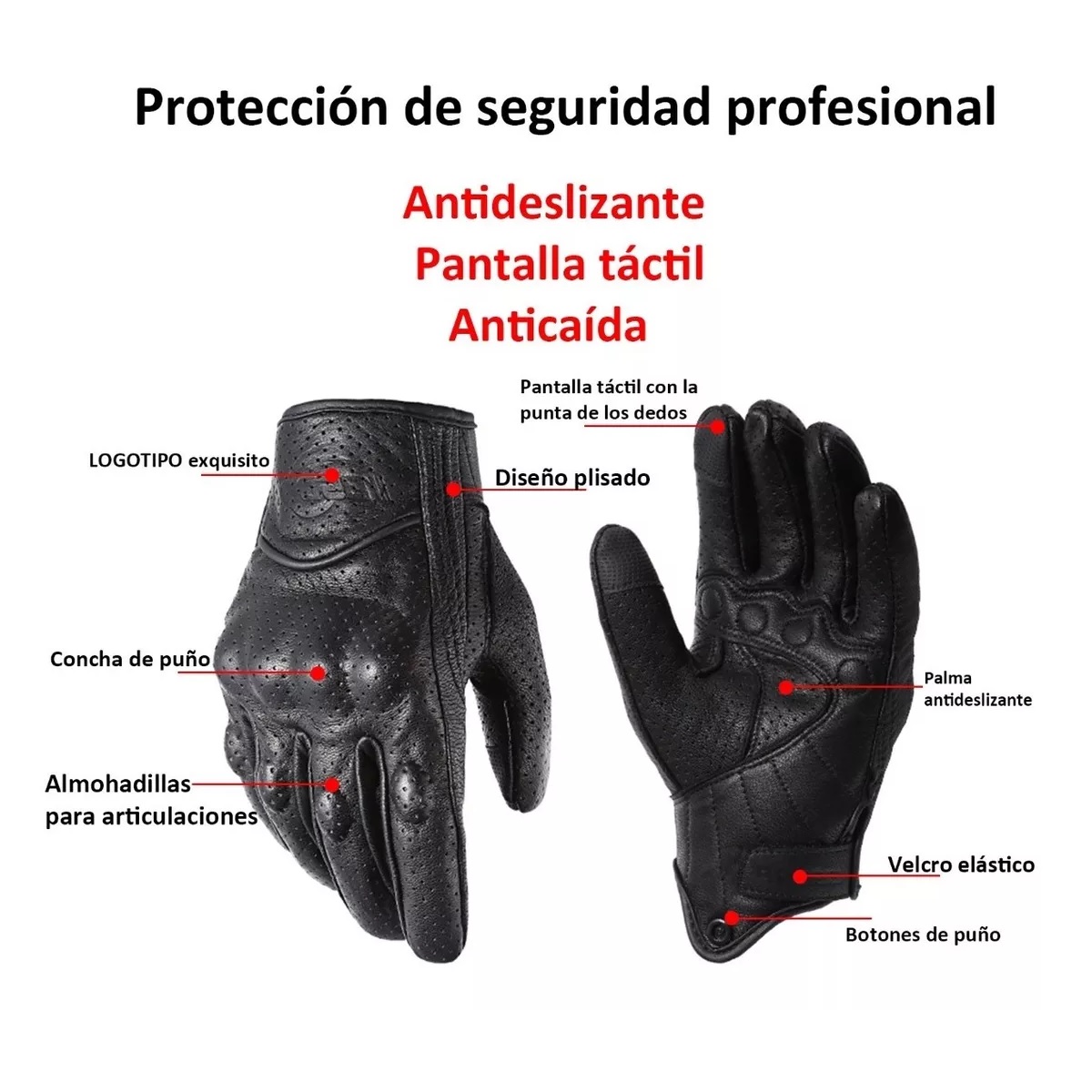 Guantes De Moto 100% Piel De Cabra Para Pantallas Táctiles Negro L Perforado