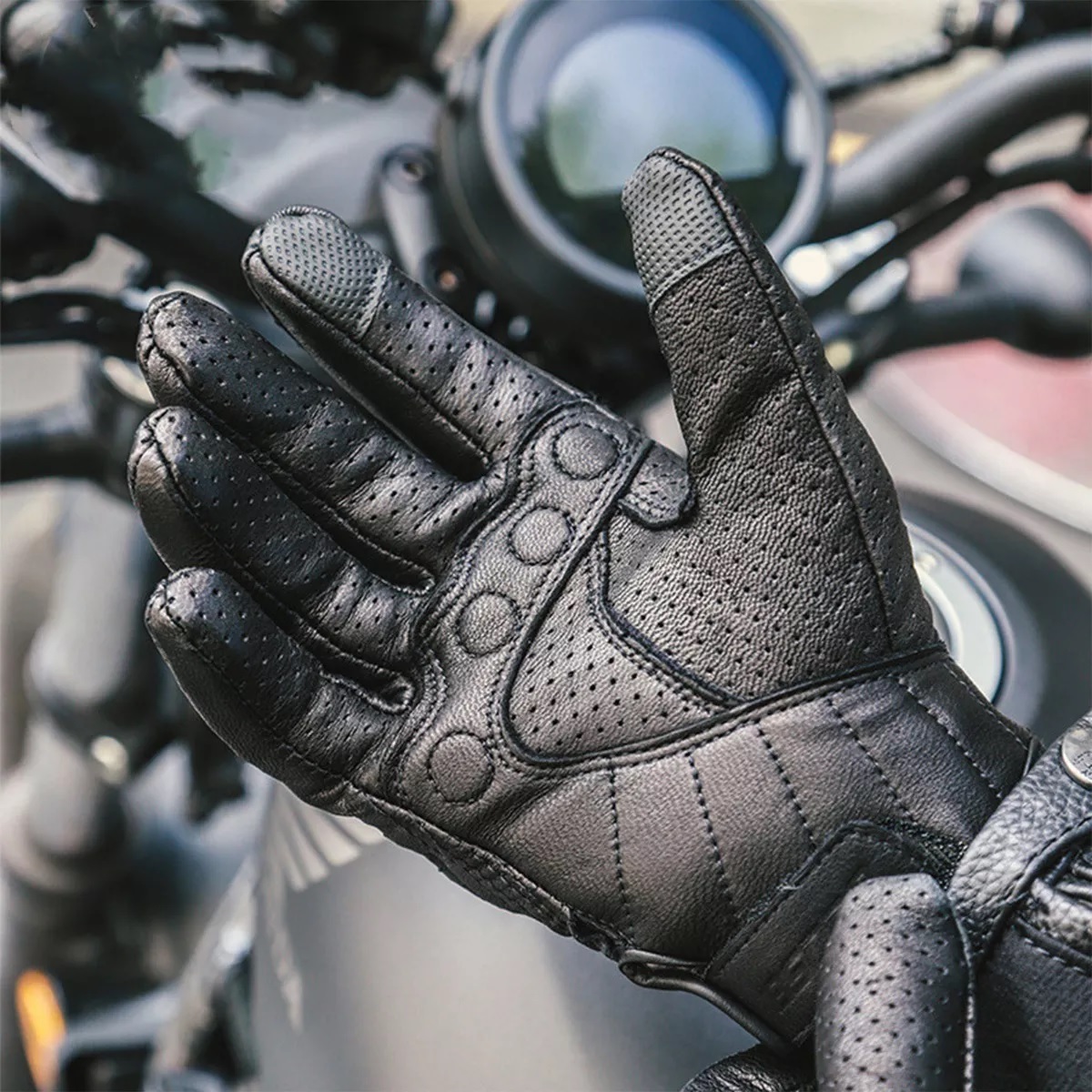 Guantes De Moto 100% Piel De Cabra Para Pantallas Táctiles Negro L Perforado