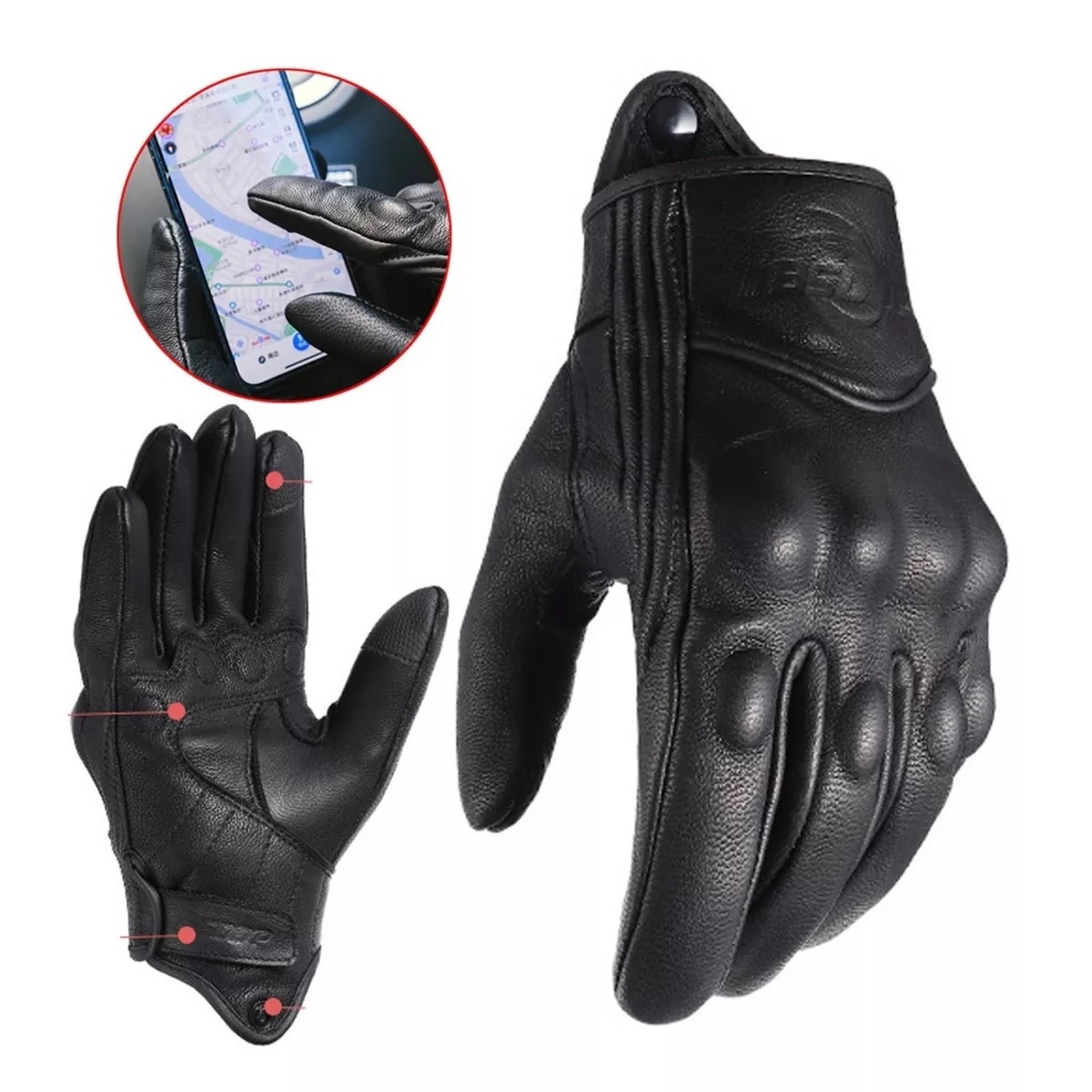 Guantes De Moto 100% Piel De Cabra Para Pantallas Táctiles Negro L Liso 