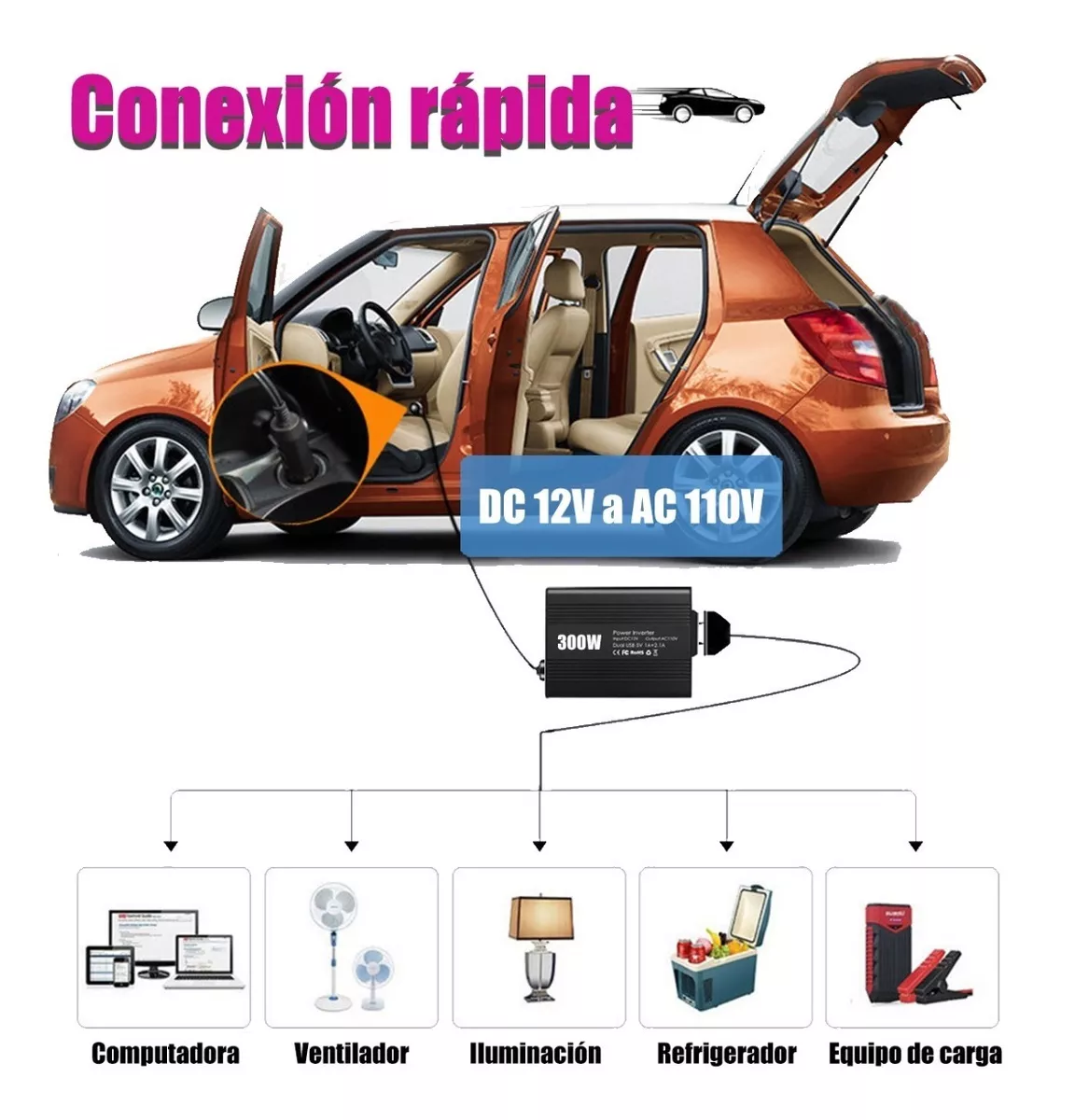 Inversor De Corriente Para Auto 12v A 110v 300w 2 Ca Y 2 Usb Negro