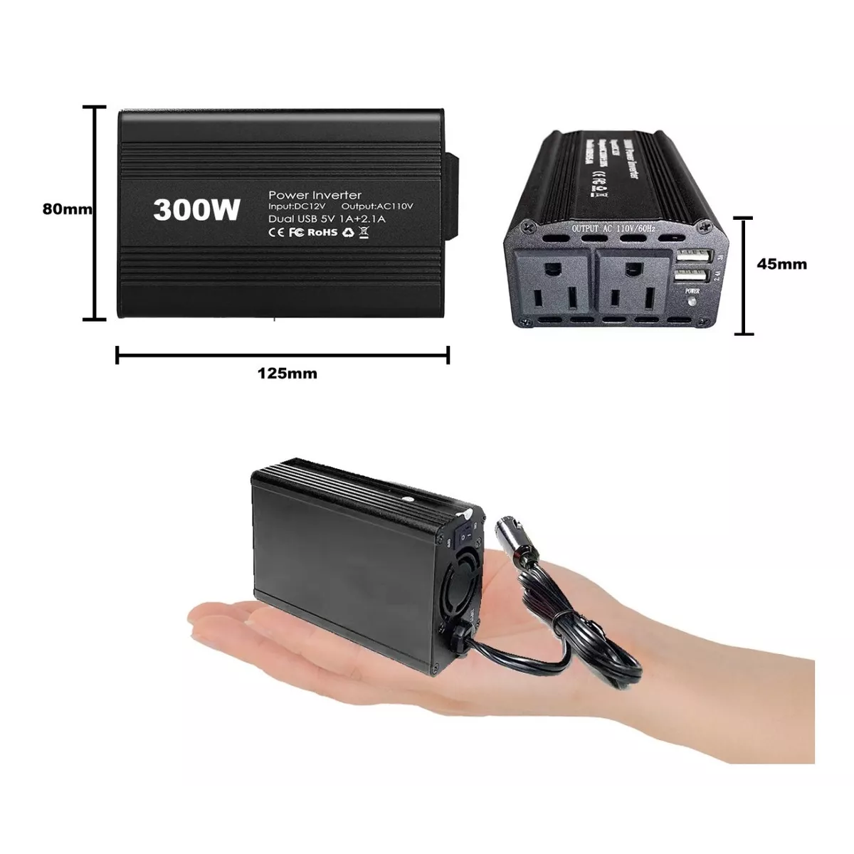Inversor De Corriente Para Auto 12v A 110v 300w 2 Ca Y 2 Usb Negro