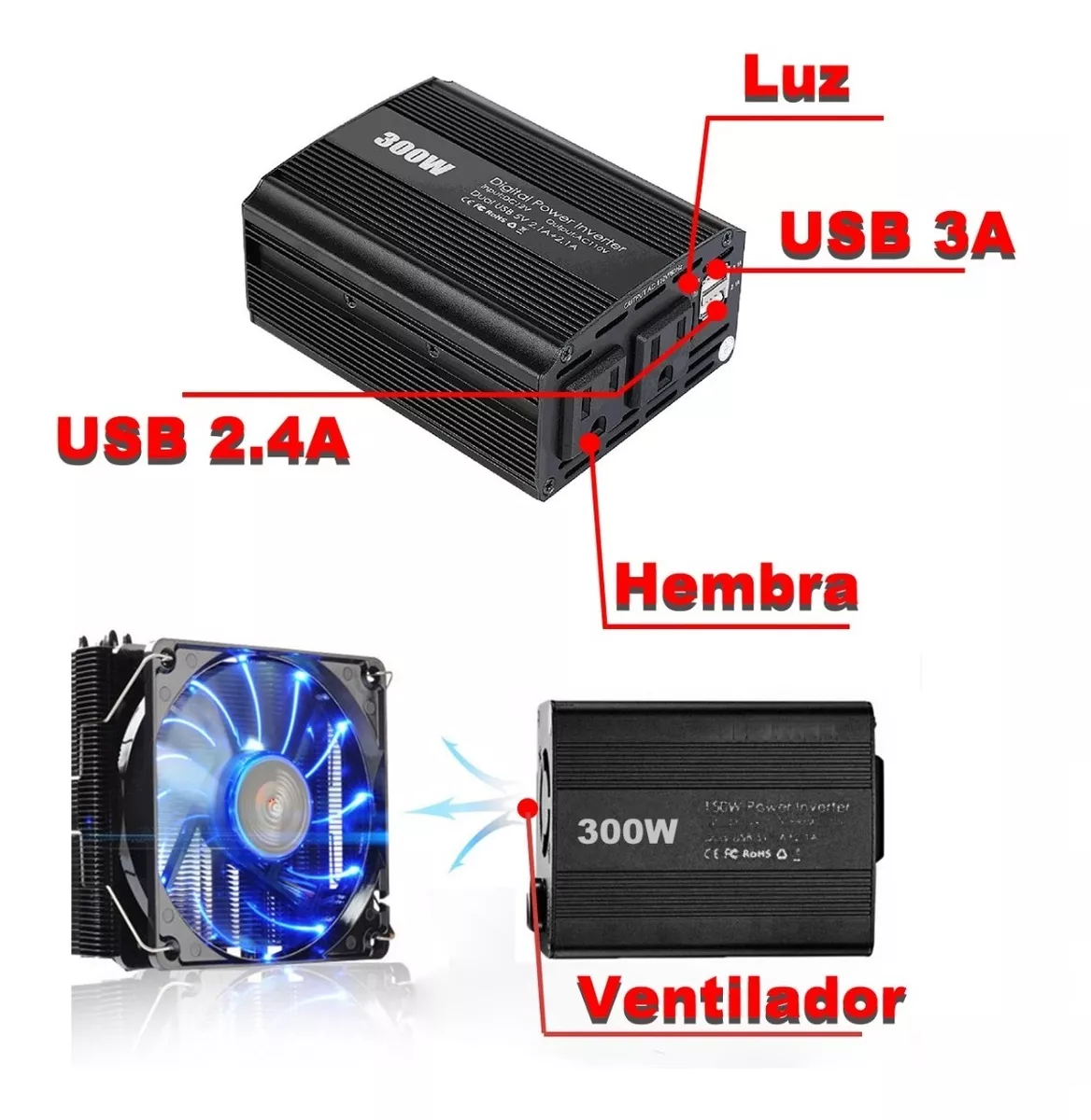 Inversor De Corriente Para Auto 12v A 110v 300w 2 Ca Y 2 Usb Negro