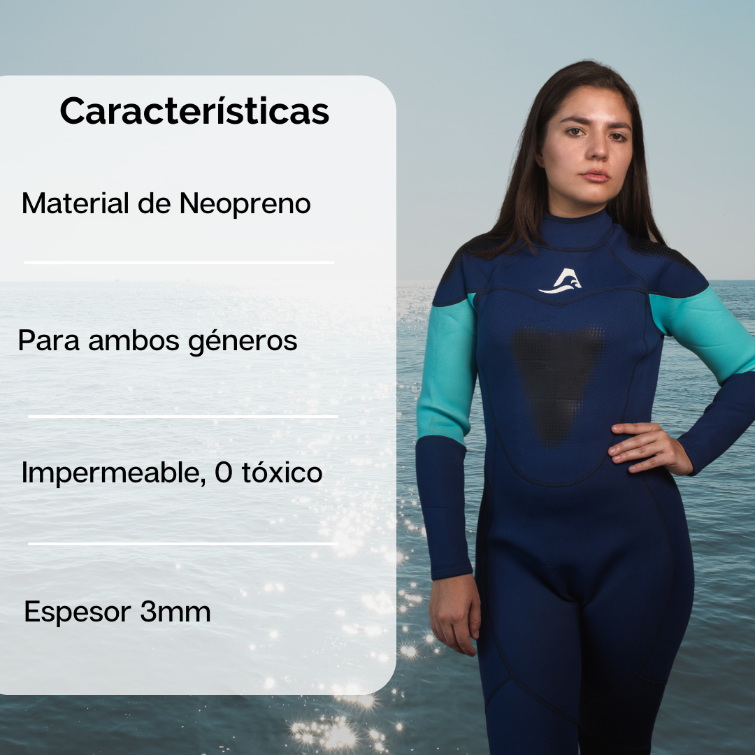 Traje de Neopreno Wetsuit para Mujer Sea Woman de 3mm Cuerpo Completo Deportes Acuáticos Modelo Azul Marino Liso SEAPEOPLE
