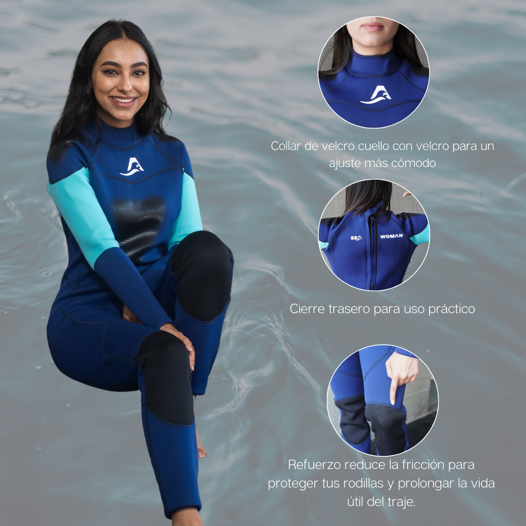 Traje de Neopreno Wetsuit para Mujer Sea Woman de 3mm Cuerpo Completo Deportes Acuáticos Modelo Azul Marino Liso SEAPEOPLE