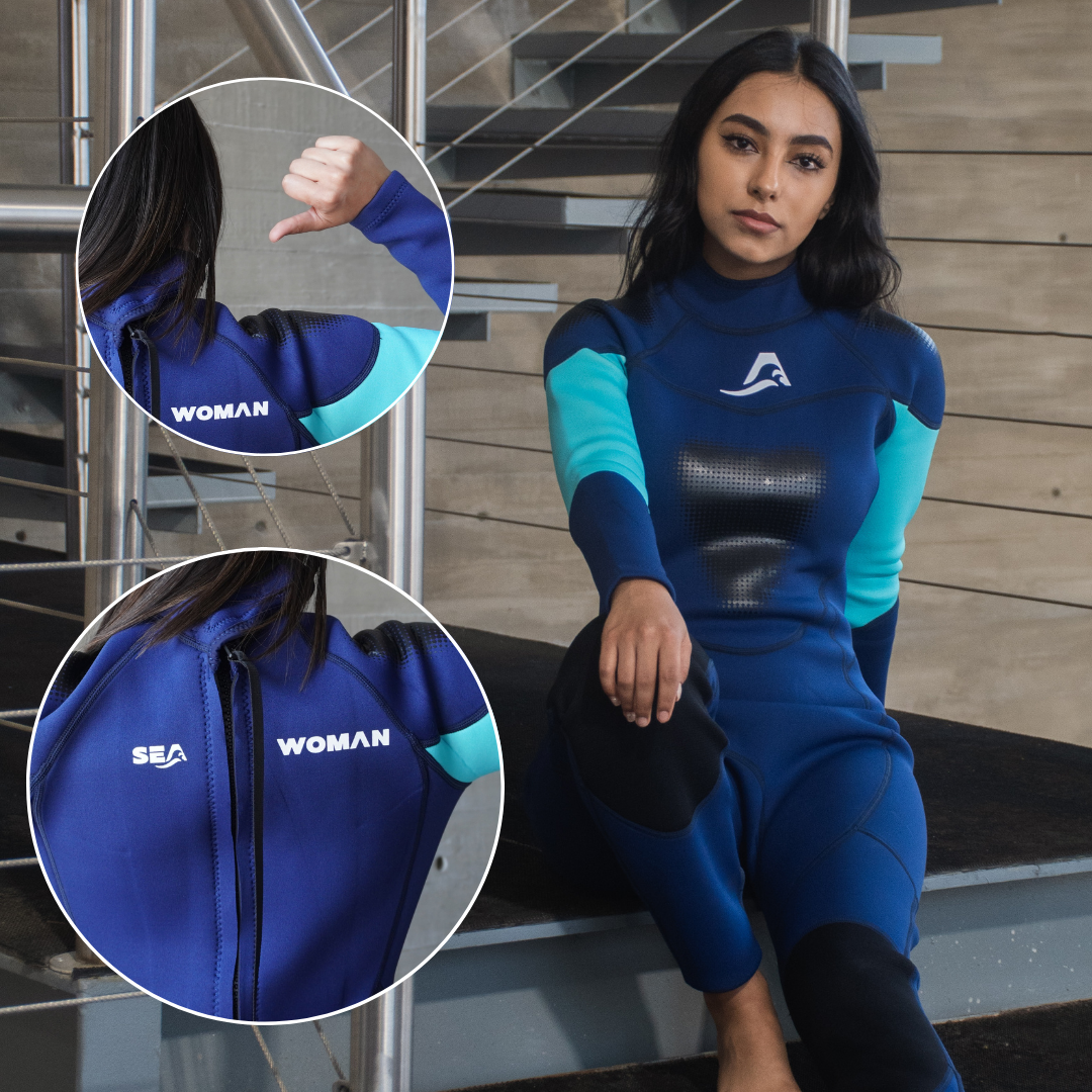 Traje de Neopreno Wetsuit para Mujer Sea Woman de 3mm Cuerpo Completo Deportes Acuáticos Modelo Azul Marino Liso SEAPEOPLE