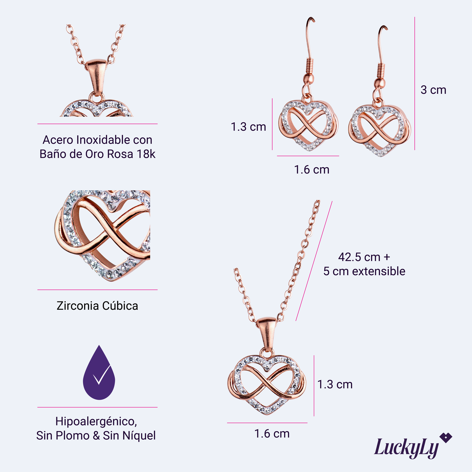 LuckyLy Juego de Joyería para Mujer Corazón e Infinito con Zirconia Cúbica , Set de Collar y Aretes Acero Inoxidable con Baño de Oro Rosa 18k - Modelo Natty