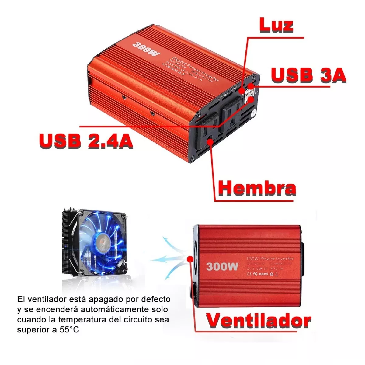 Inversor De Corriente Coche 12v A 110v 300w 2 Ca Y 2 Usb Rojo