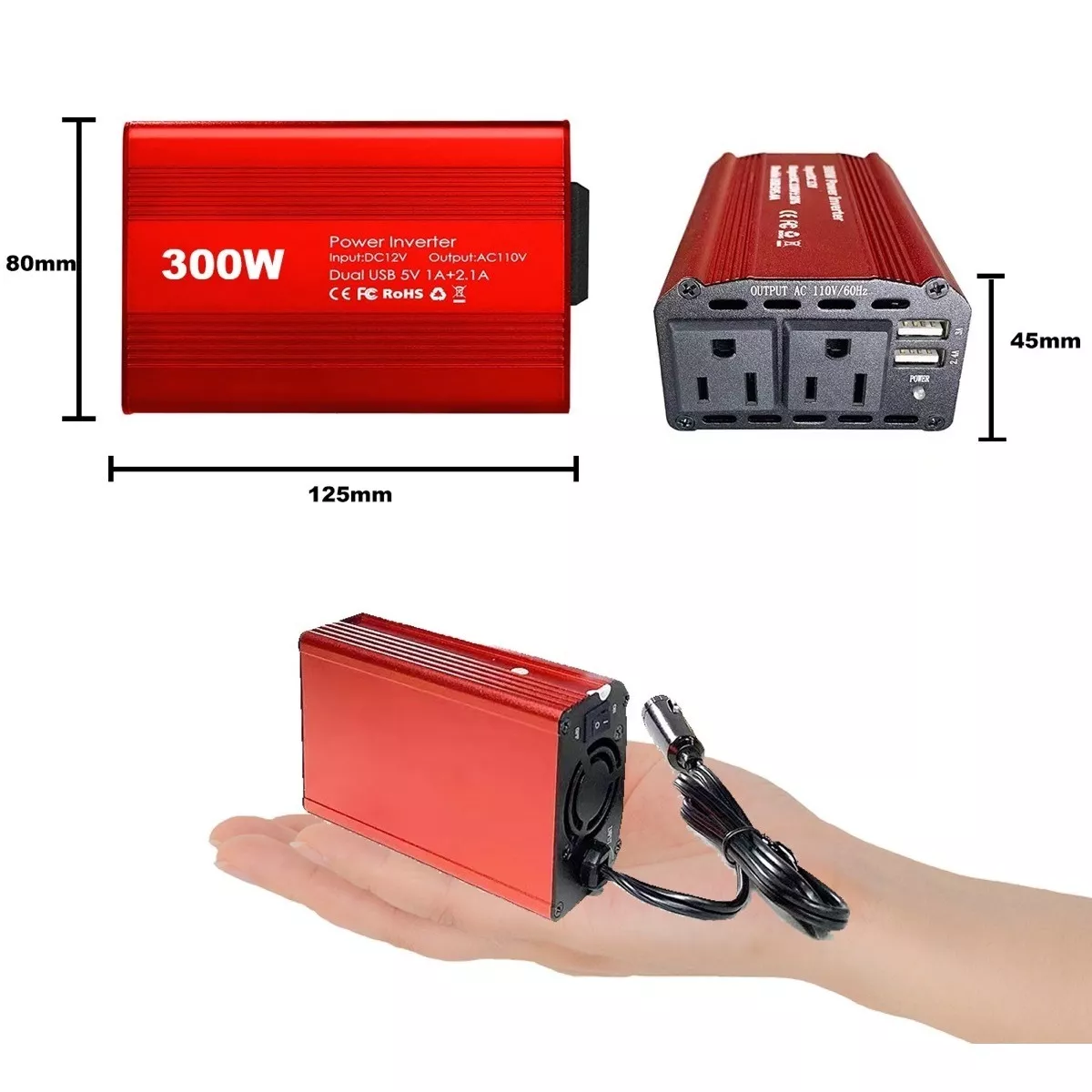 Inversor De Corriente Coche 12v A 110v 300w 2 Ca Y 2 Usb Rojo