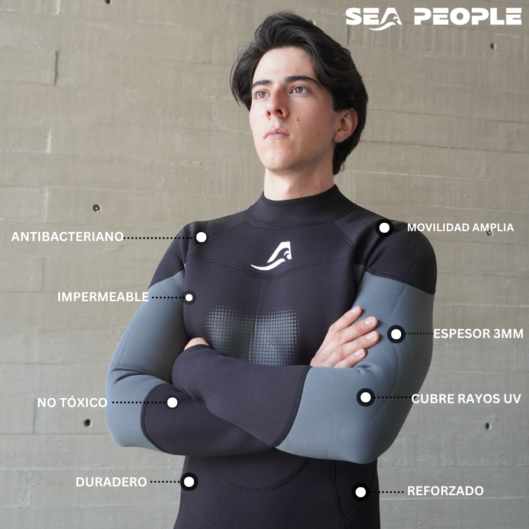 Traje de Neopreno Wetsuit para Hombre Sea Man de 3mm Cuerpo Completo Modelo Negro Liso SEAPEOPLE