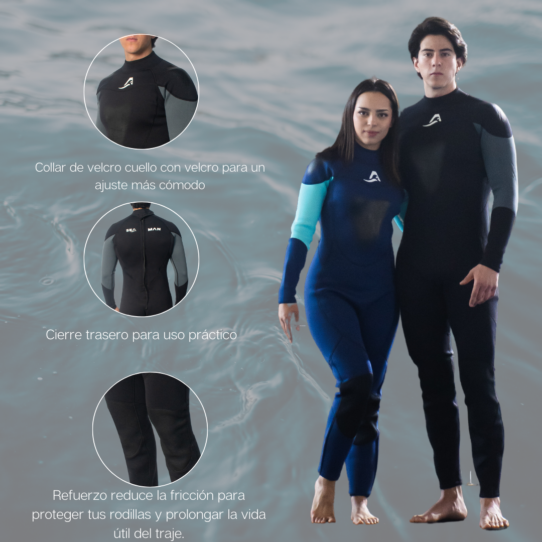 Traje de Neopreno Wetsuit para Hombre Sea Man de 3mm Cuerpo Completo Modelo Negro Liso SEAPEOPLE