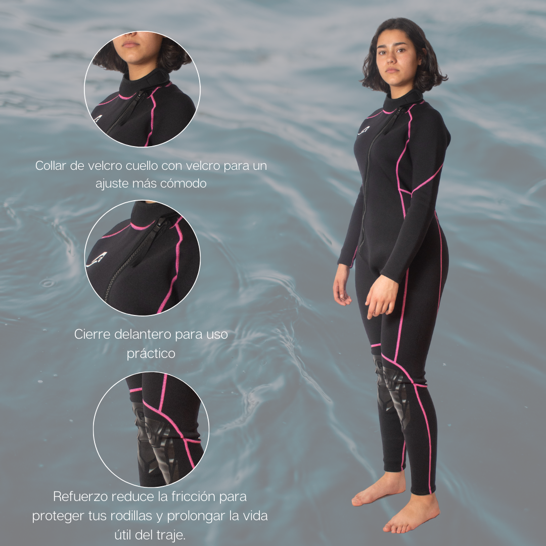 Traje de Neopreno Wetsuit Para Mujer Sea Woman de 3mm Cuerpo Completo Modelo Negro Rayas Rosa SEAPEOPLE