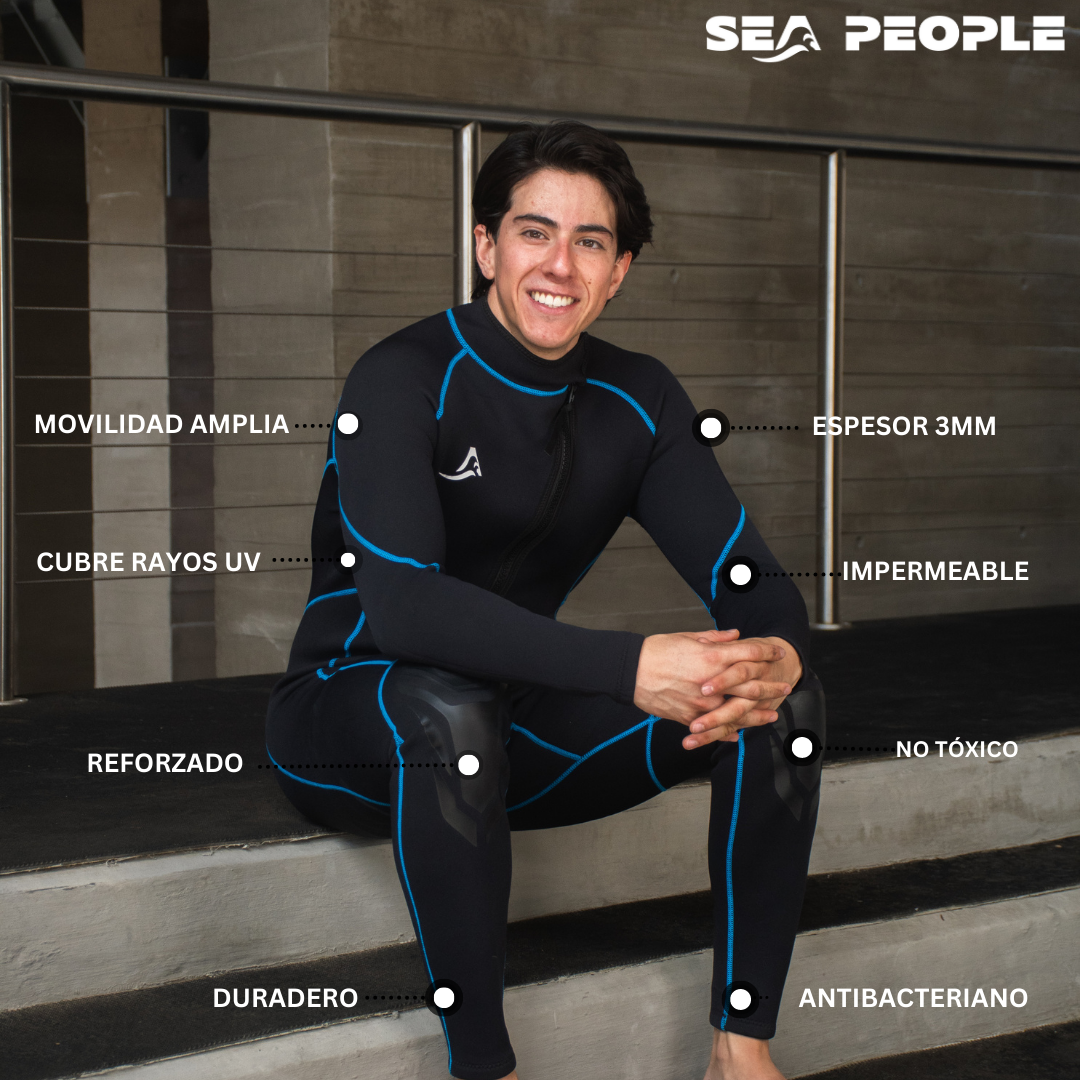 Traje de Neopreno Wetsuit Para Hombre Sea Man de 3mm Cuerpo Completo Modelo Negro Rayas Azul SEAPEOPLE