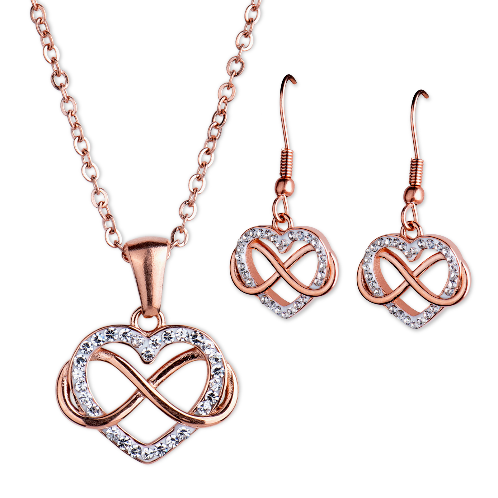 LuckyLy Juego de Joyería para Mujer Corazón e Infinito con Zirconia Cúbica , Set de Collar y Aretes Acero Inoxidable con Baño de Oro Rosa 18k - Modelo Natty