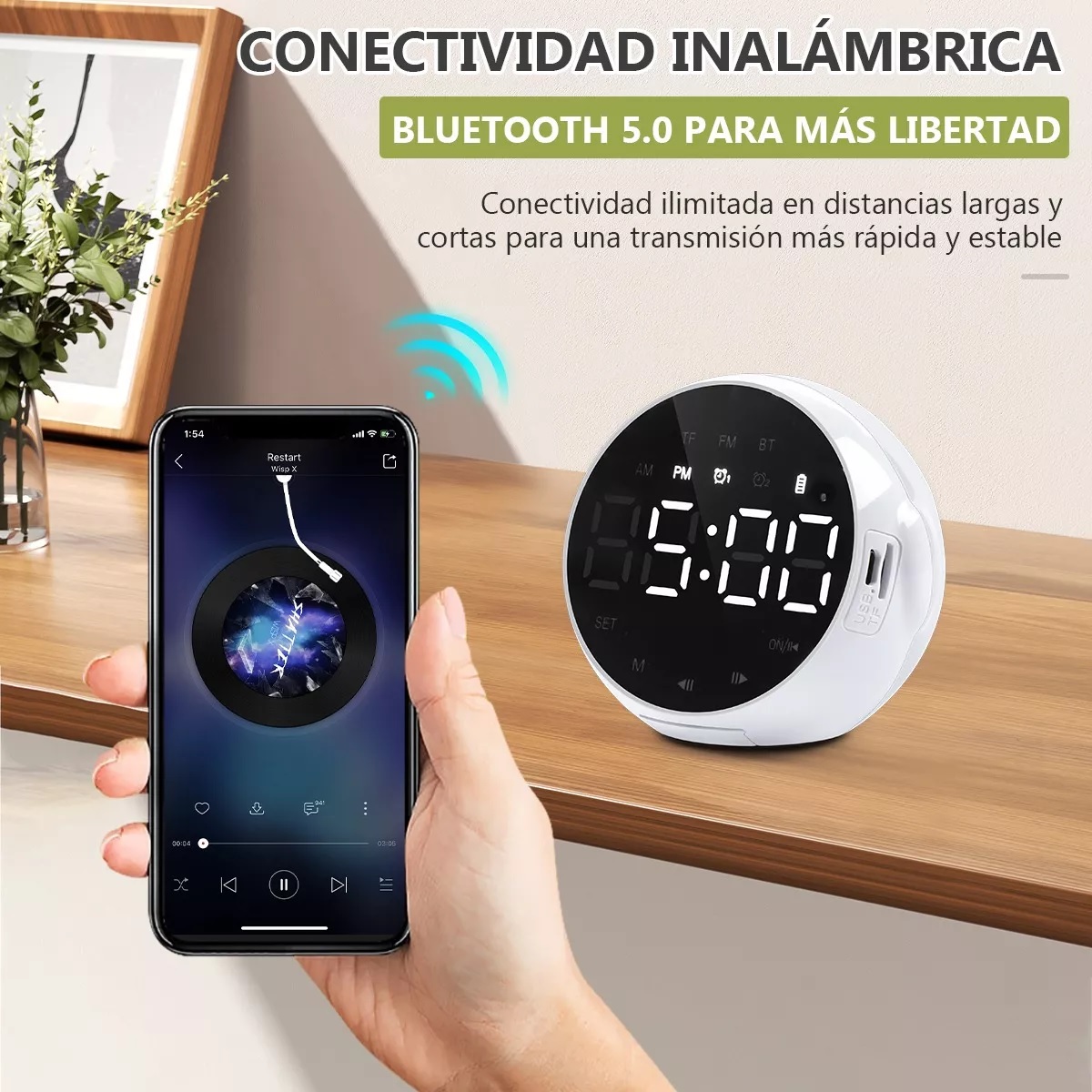 Altavoz Bluetooth Portátil Con Reloj Digital/despertador Blanco