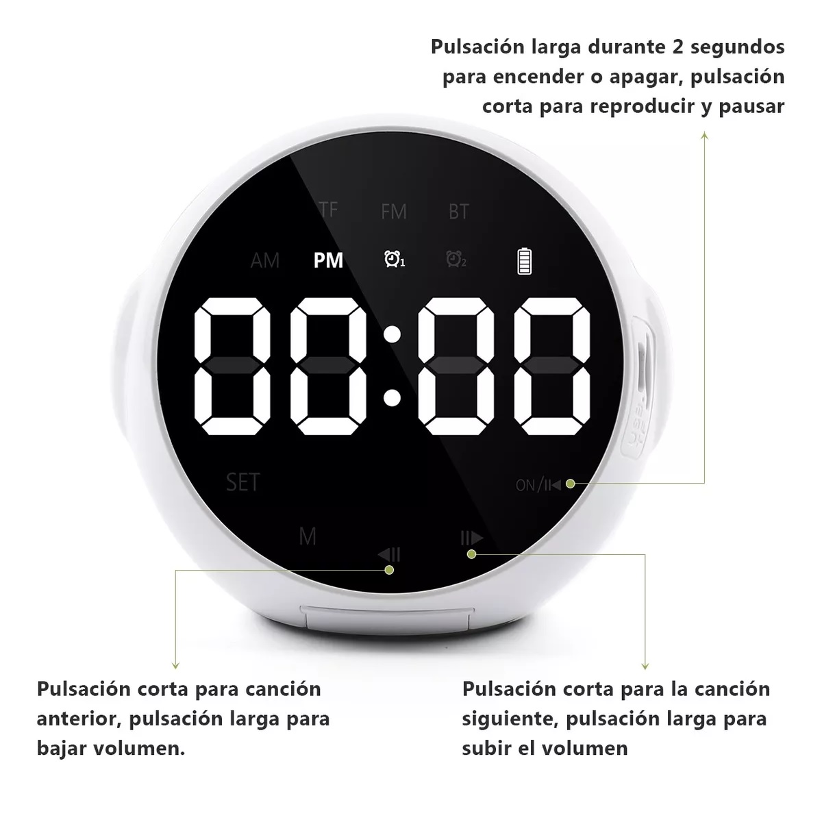 Altavoz Bluetooth Portátil Con Reloj Digital/despertador Blanco