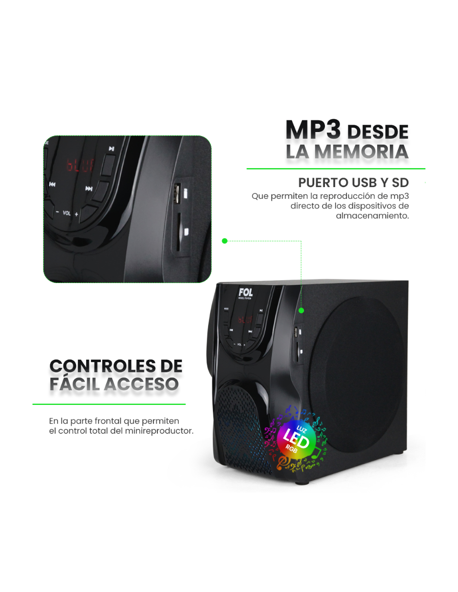 Mini componente de 3 bocinas y control remoto con luz FOL FS-P239
