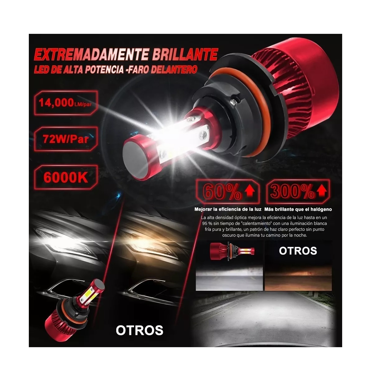 Kit De Luces Led De 4 Lados Rojo Conector 9004 6000k Luz Blanca