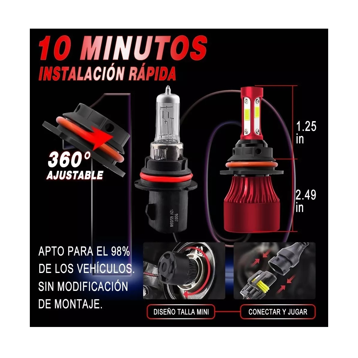 Kit De Luces Led De 4 Lados Rojo Conector 9004 6000k Luz Blanca