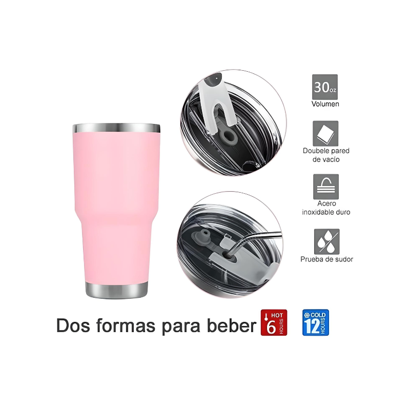 Vaso Térmico Portátil De Acero Inoxidable 30oz Calor/frío Diseño Liso Color Rosa