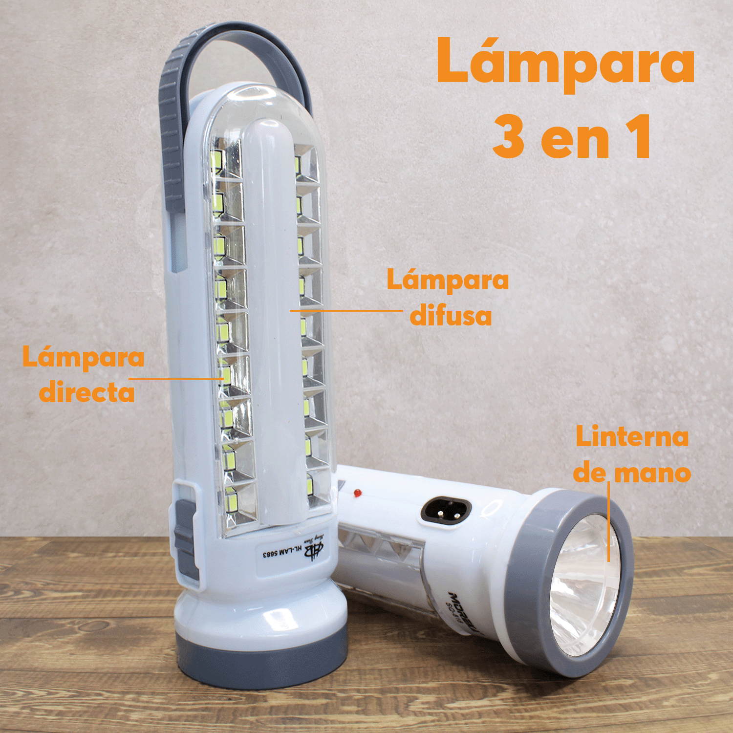Lampara LED Archy Recargable de Emergencia 3 Modos en 1 Foco 18 leds Linterna de Mano Portátil Ligera Gancho para Colgar + Ranura para pilas Extra (LAM5683).