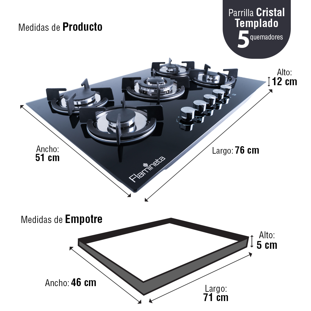 Parrilla estufa de gas 5 quemadores empotrable cristal templado 
