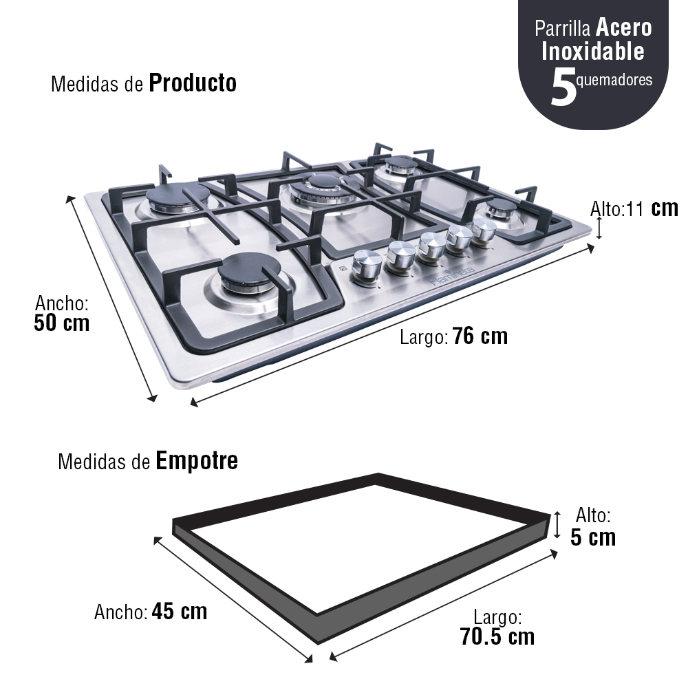Parrilla a gas empotrable 5 quemadores acero inoxidable flamineta