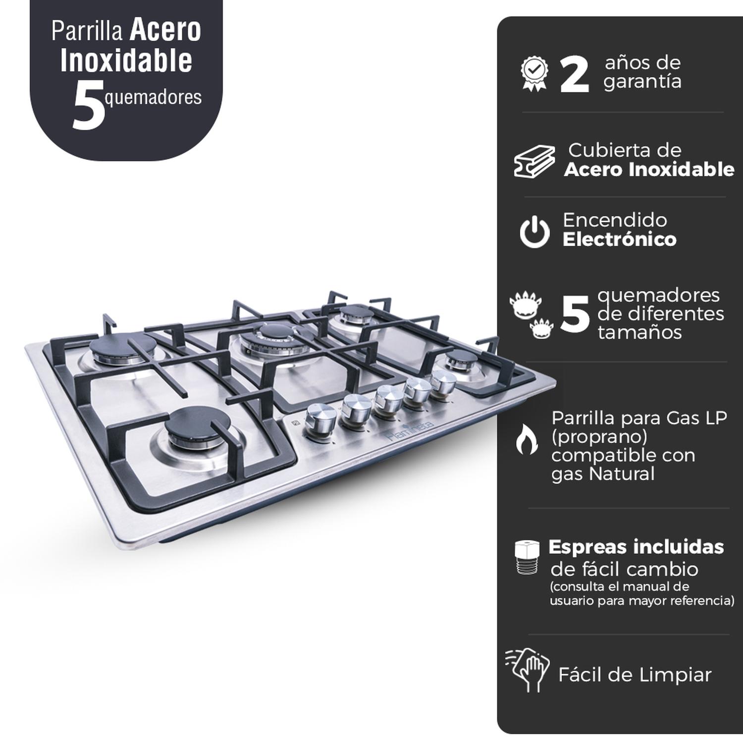 Parrilla a gas empotrable 5 quemadores acero inoxidable flamineta